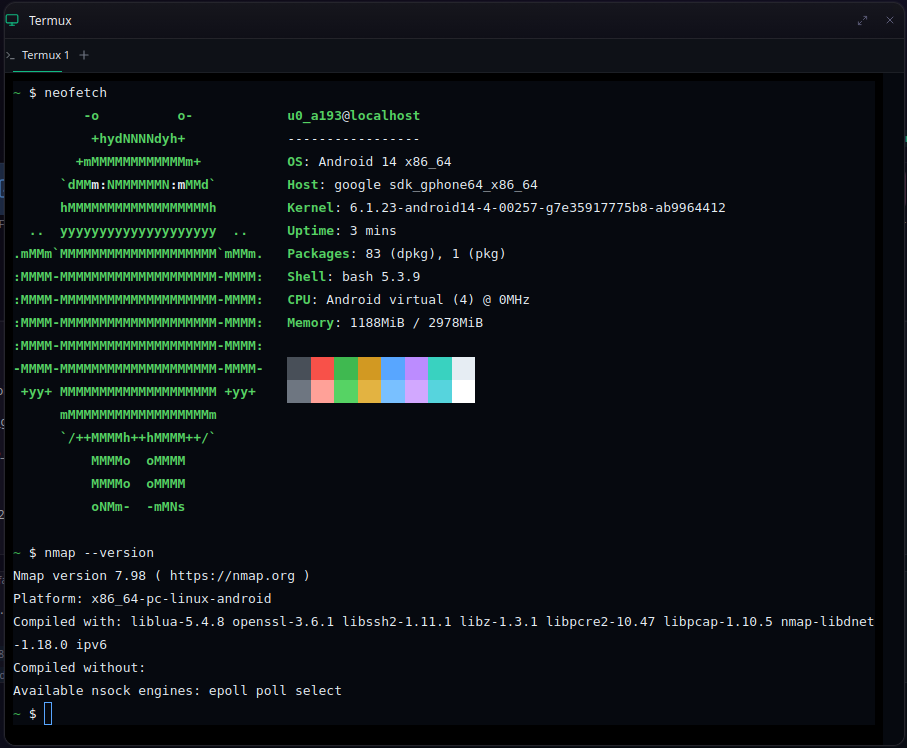 Termux terminal running on Android