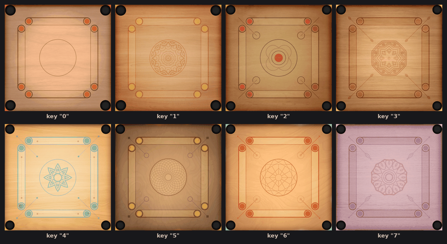 The eight Carrom Pool board skins recovered from assets/bin