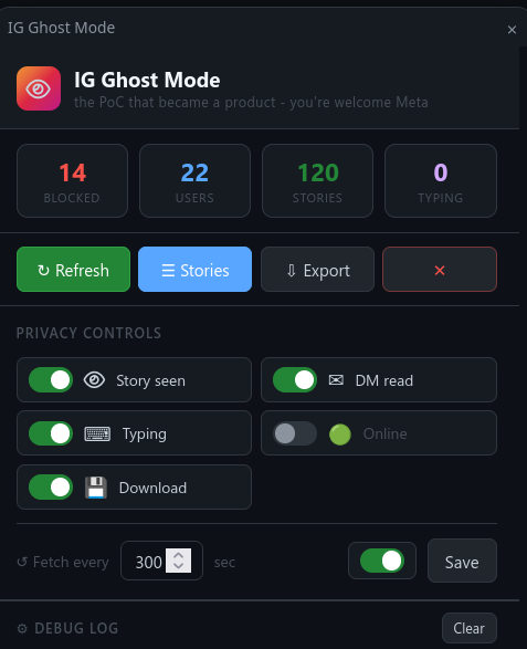 IG Ghost Mode extension panel