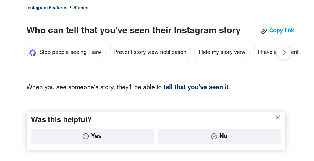 Instagram help page promising story viewers will be notified